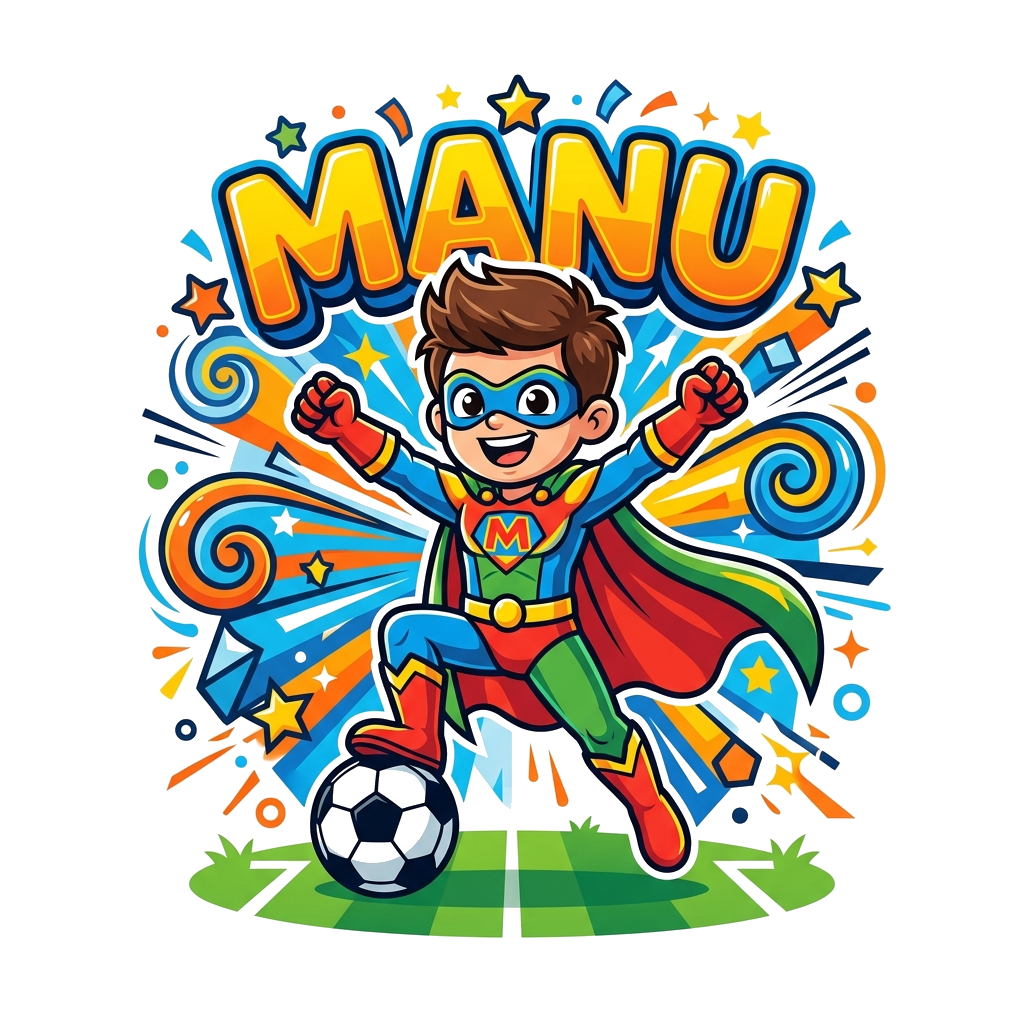 Custom design: A vibrant cartoon illustration of a young, dynamic superhero character with a football, striking a powerful pose like...