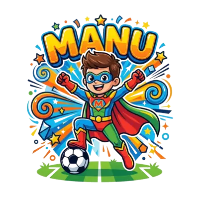 A vibrant cartoon illustration of a young, dynamic superhero character with a football, striking a powerful pose like Ronaldo. The background is a burst of colorful, energetic patterns and stars, with the name "Manu" integrated into the design in a playful, bold font.