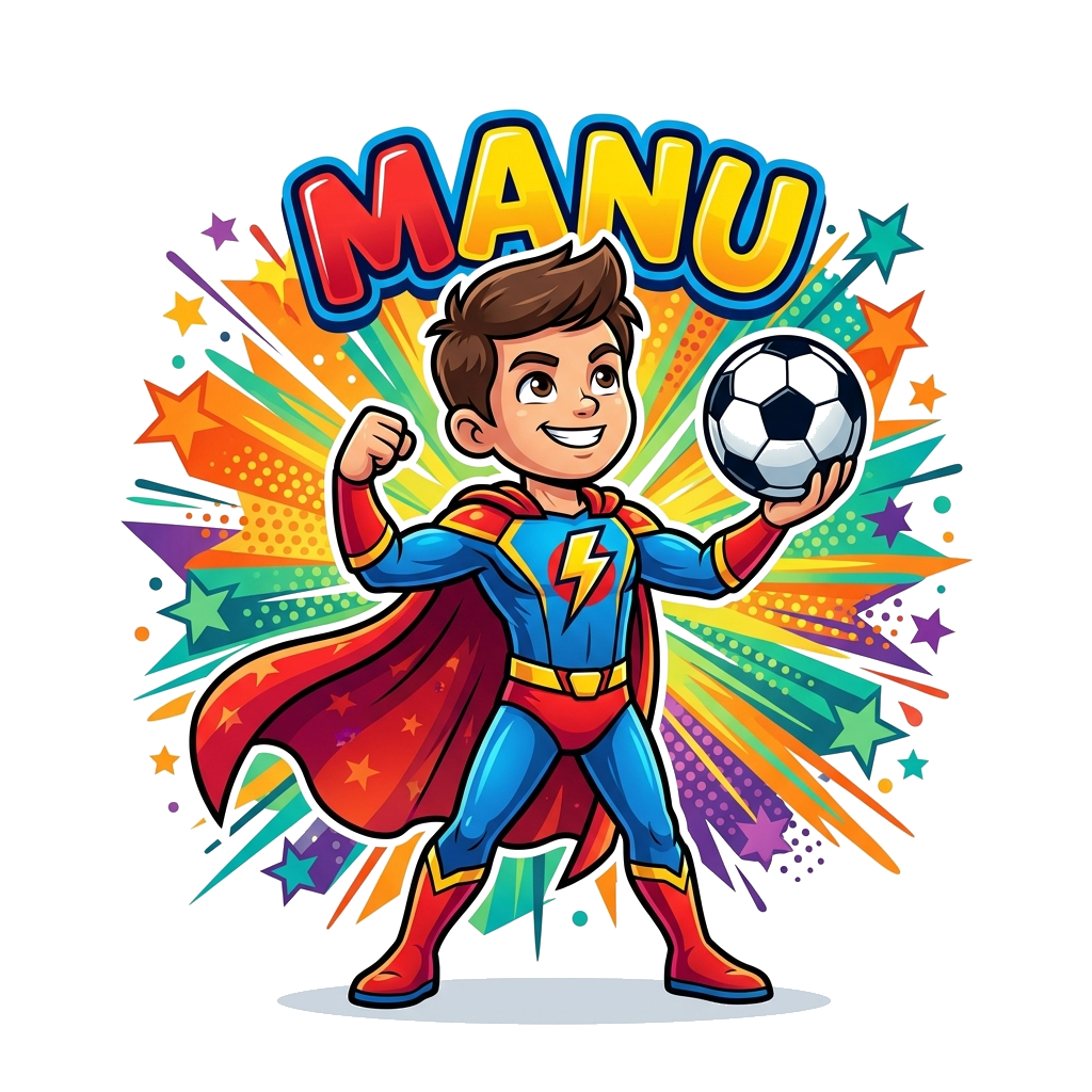 Custom design: A vibrant cartoon illustration of a young, dynamic superhero character with a football, striking a powerful pose like...