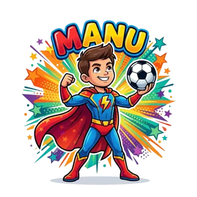 A vibrant cartoon illustration of a young, dynamic superhero character with a football, striking a powerful pose like Ronaldo. The background is a burst of colorful, energetic patterns and stars, with the name "Manu" integrated into the design in a playful, bold font.