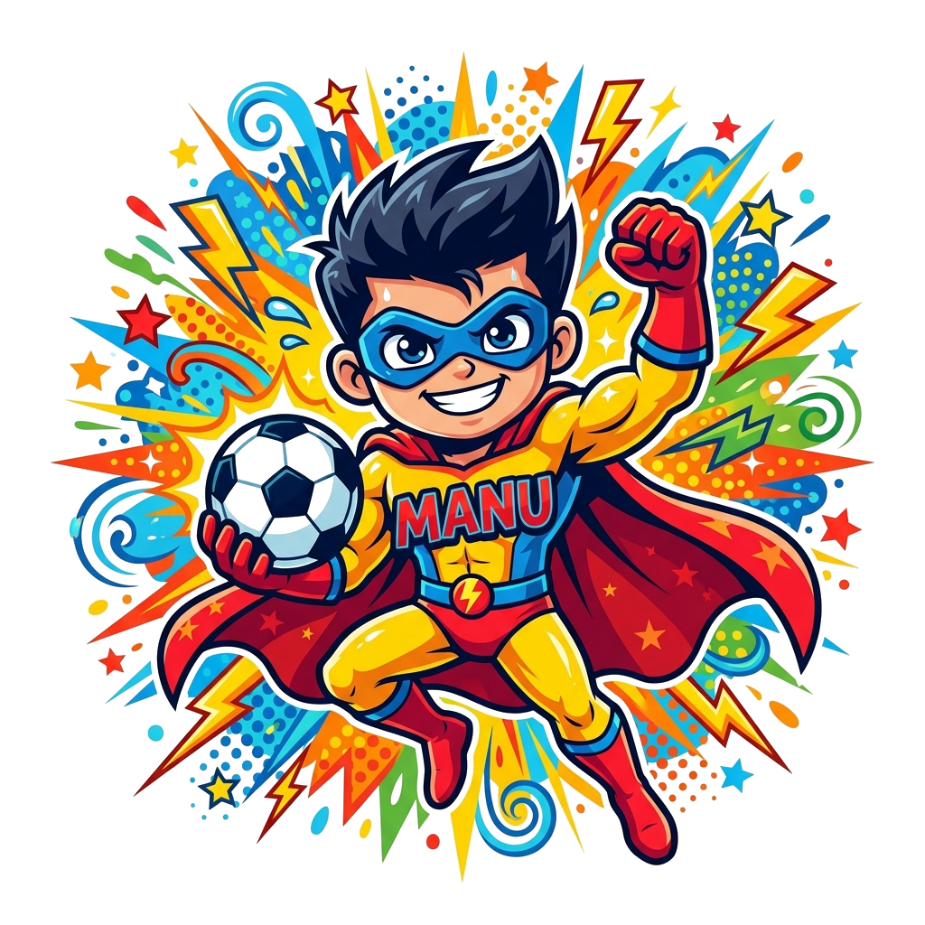 Custom design: A vibrant cartoon illustration of a young, dynamic superhero character with a football, striking a powerful pose like...