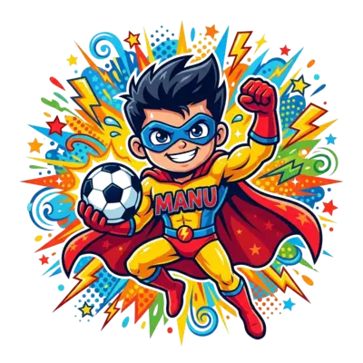 A vibrant cartoon illustration of a young, dynamic superhero character with a football, striking a powerful pose like Ronaldo. The background is a burst of colorful, energetic patterns and stars, with the name "Manu" integrated into the design in a playful, bold font.