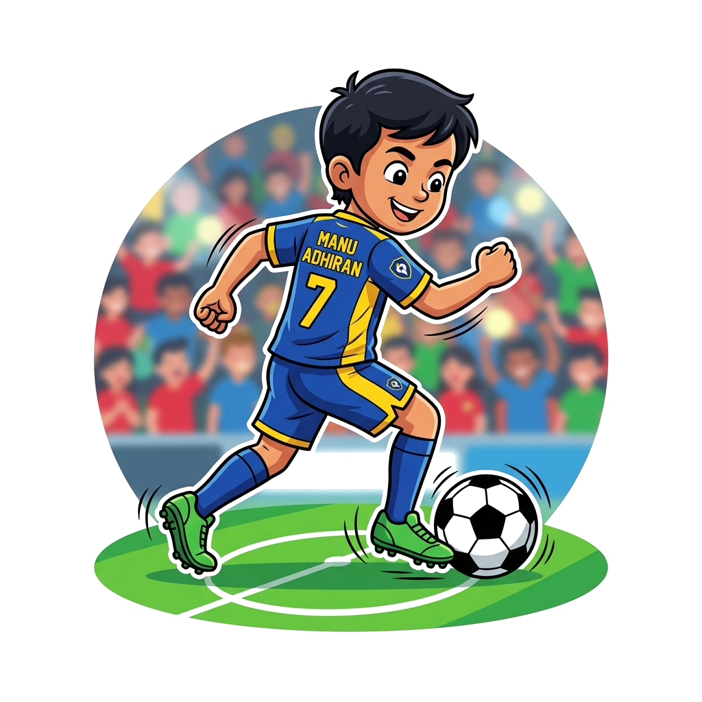 Custom design: A detailed illustration of a young boy, Manu Adhiran, in a dynamic football action pose, dribbling the ball on a vibr...