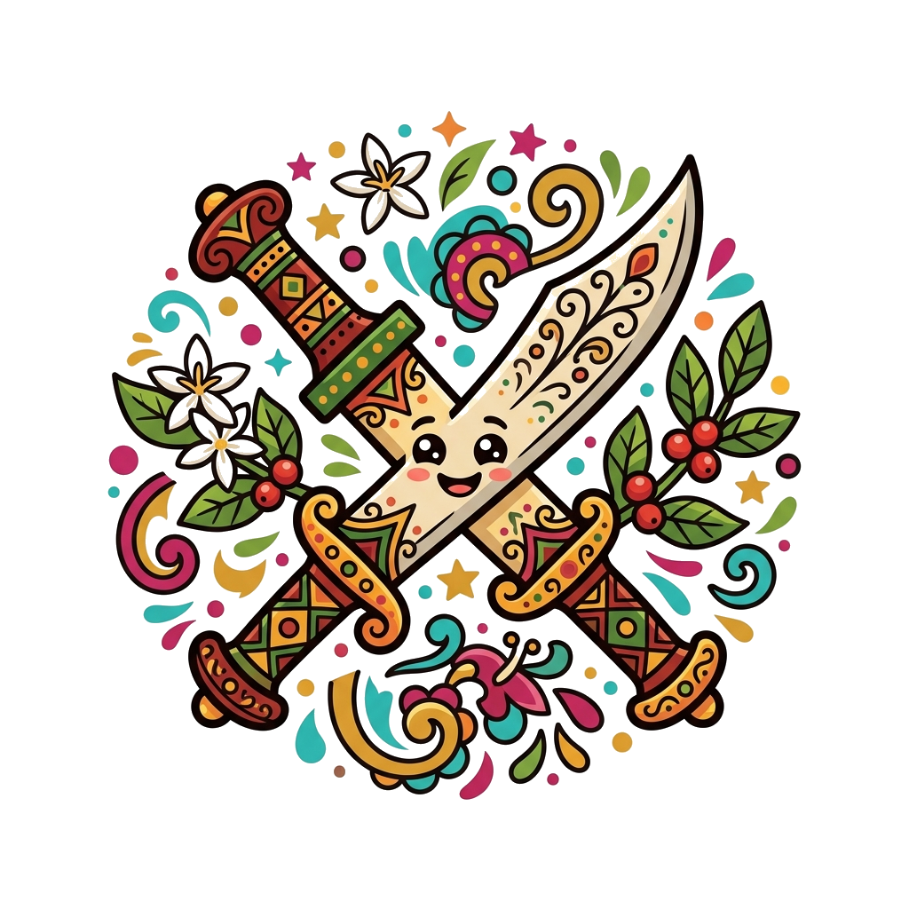 Custom design: A cute, cartoon-style illustration of a stylized Coorgi Kodava Peechekathi and Oodhkathi, cross-hilted, with friendly...