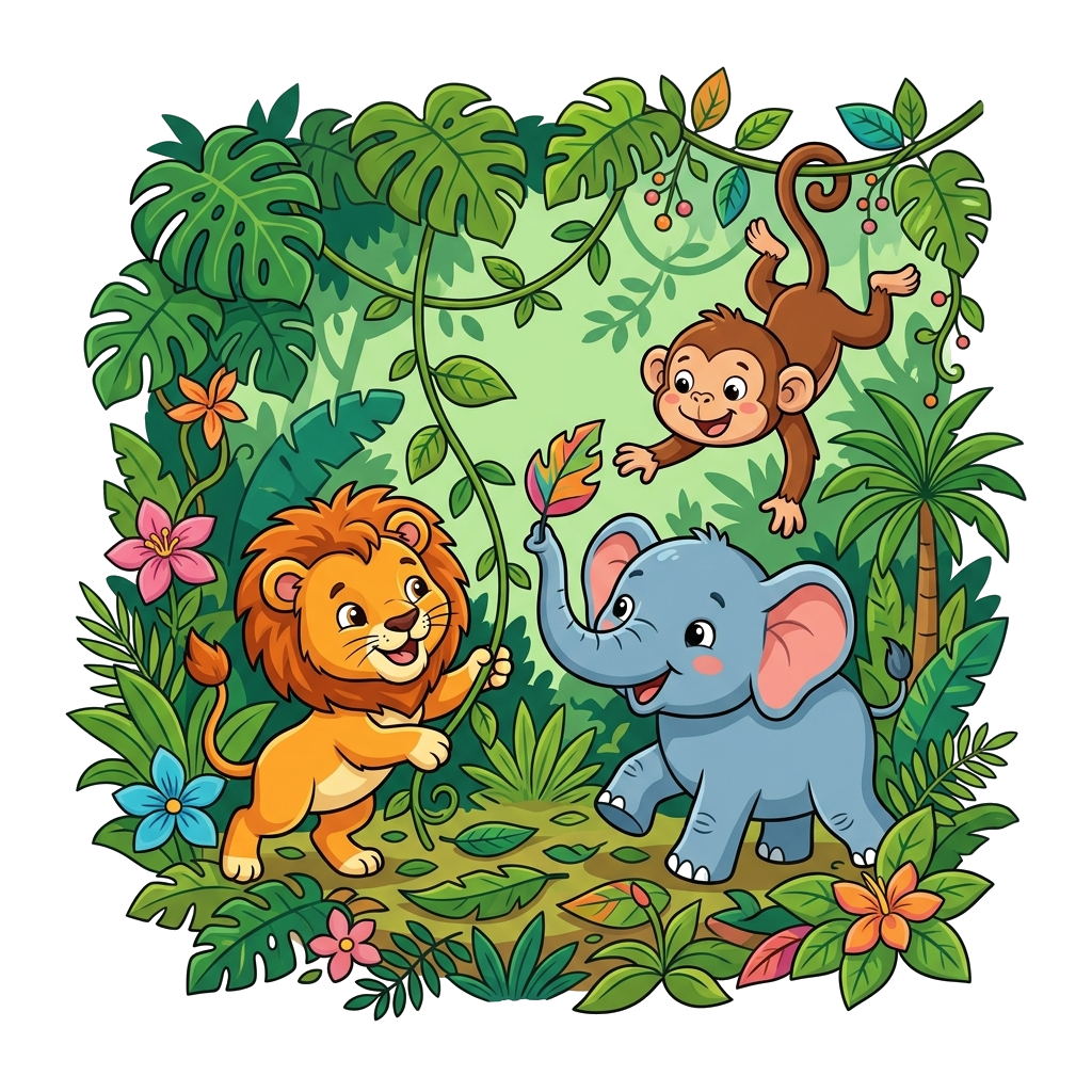 Custom design: A group of adorable baby jungle animals (lion cub, monkey, elephant calf) playing together in a lush, stylized jungle...