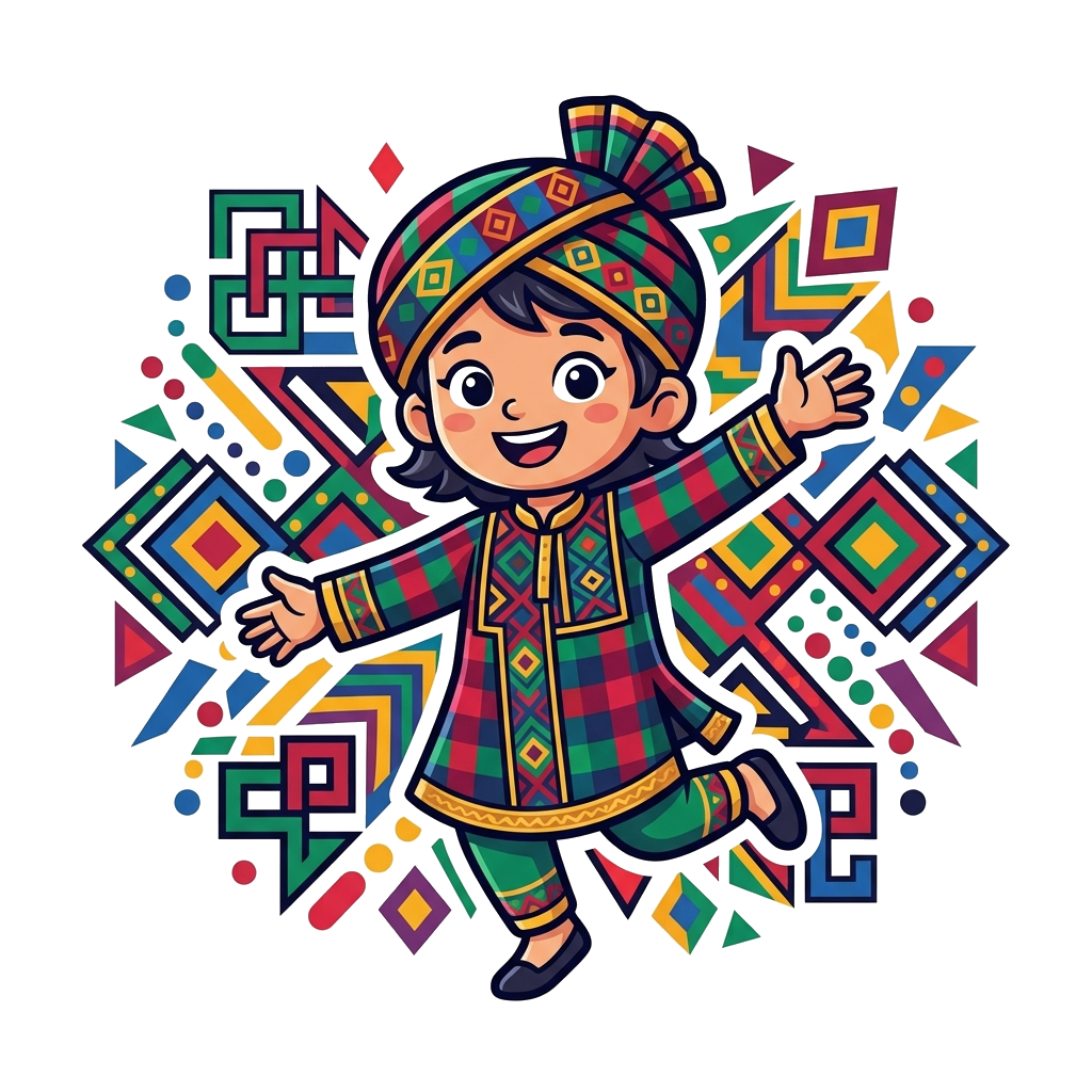 Custom design: A cheerful cartoon child, gender-neutral, wearing a vibrant, stylized Coorgi traditional outfit (like a modern interp...