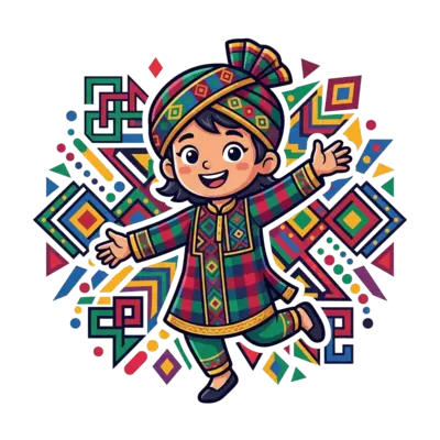 A cheerful cartoon child, gender-neutral, wearing a vibrant, stylized Coorgi traditional outfit (like a modern interpretation of a 'kupya' or 'saree'), in a dynamic, playful pose, surrounded by abstract geometric patterns inspired by Kodagu textiles, bright and bold colors, clean lines, digital art style.