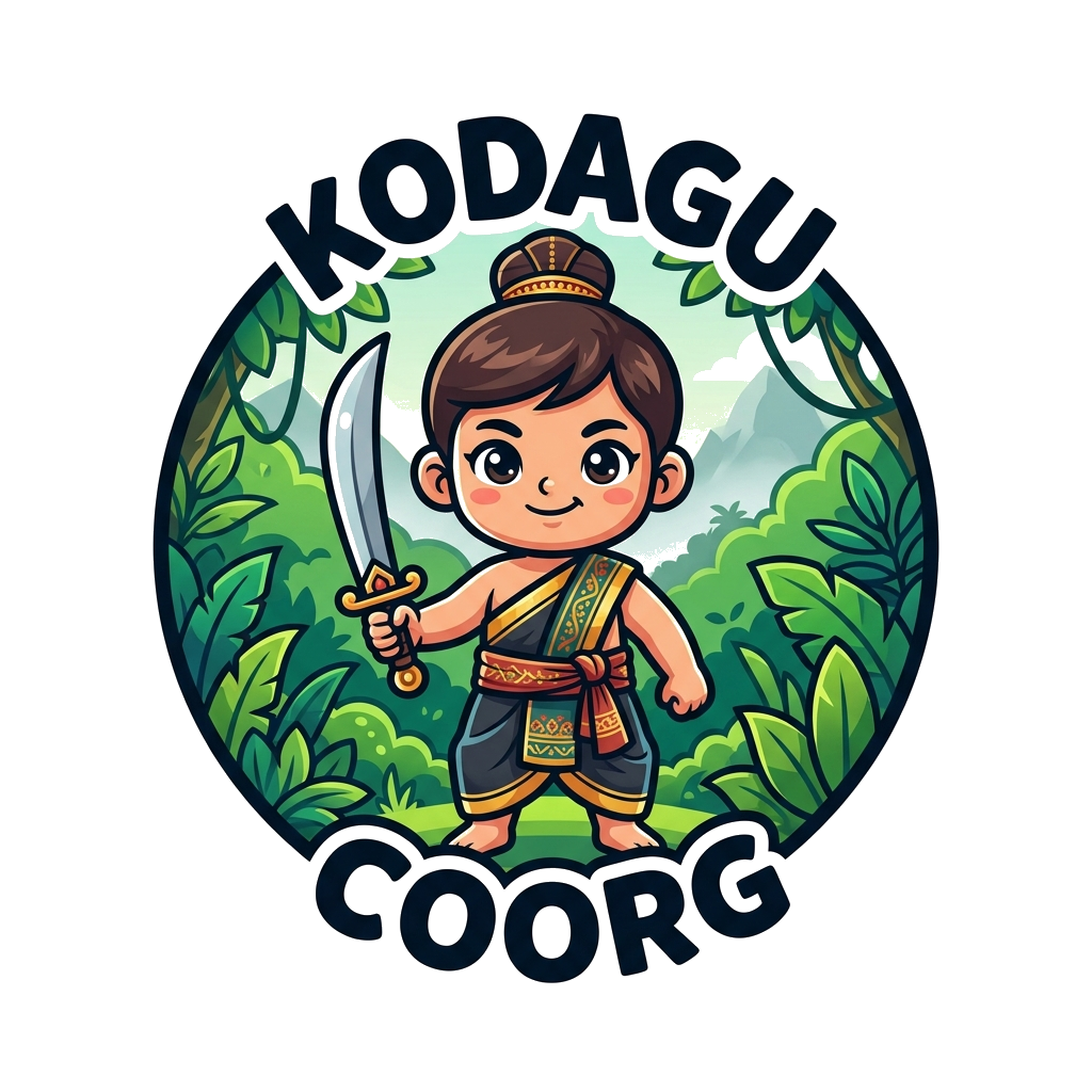 Custom design: A brave, chibi-style Coorg warrior child, with a determined expression, wearing traditional Coorg attire, holding a s...