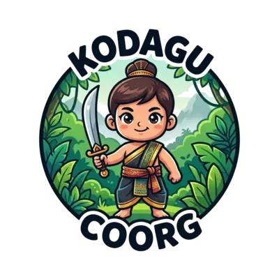 A brave, chibi-style Coorg warrior child, with a determined expression, wearing traditional Coorg attire, holding a stylized, safe-looking Odi Kathi. Lush green jungle and mist in the background. Subtle text 'Kodagu' integrated at the top, 'Coorg' at the bottom. Bold, vibrant colors, cartoon illustration.