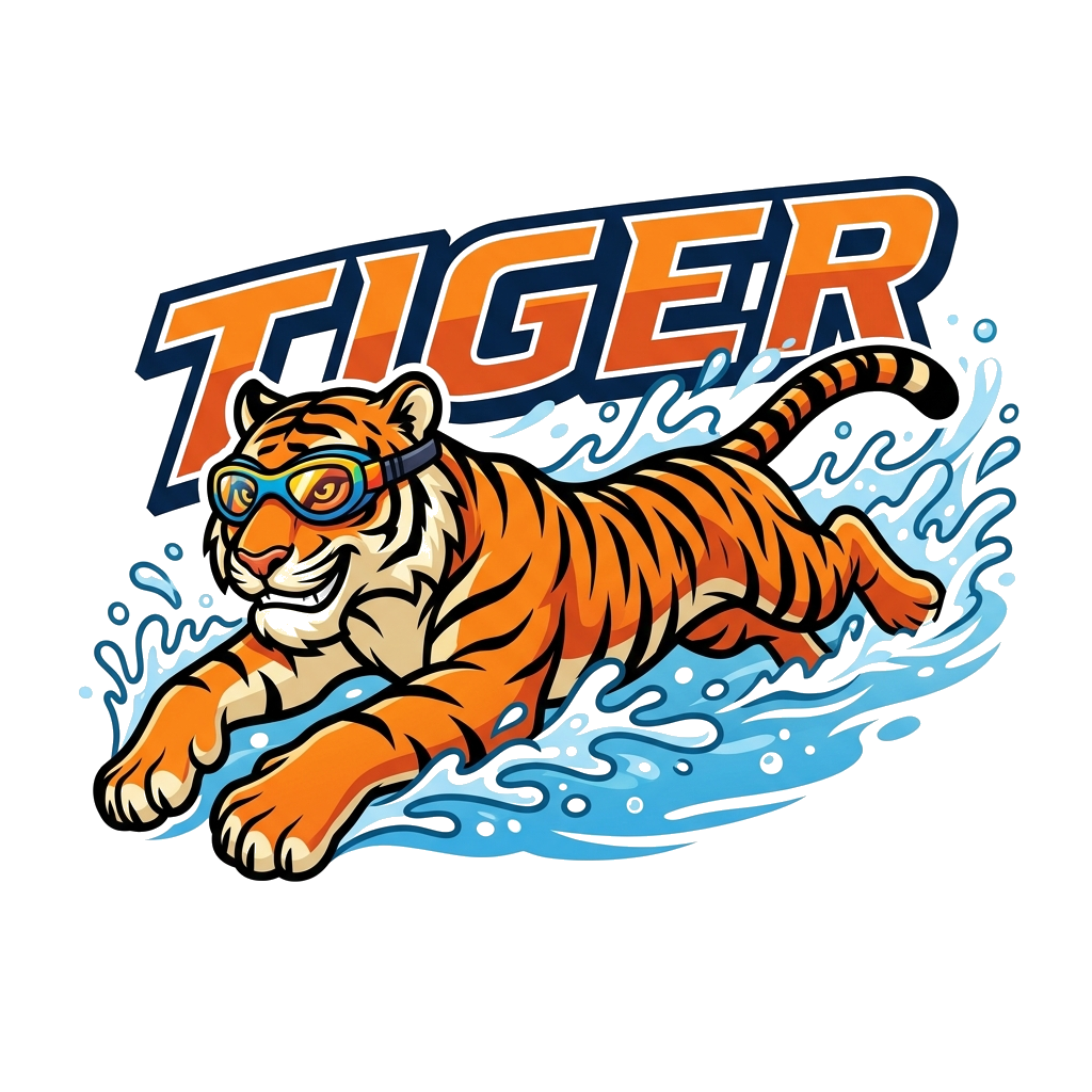 Custom design: A powerful and sleek cartoon tiger, wearing cool swimming goggles, dynamically swimming through clear blue water with...