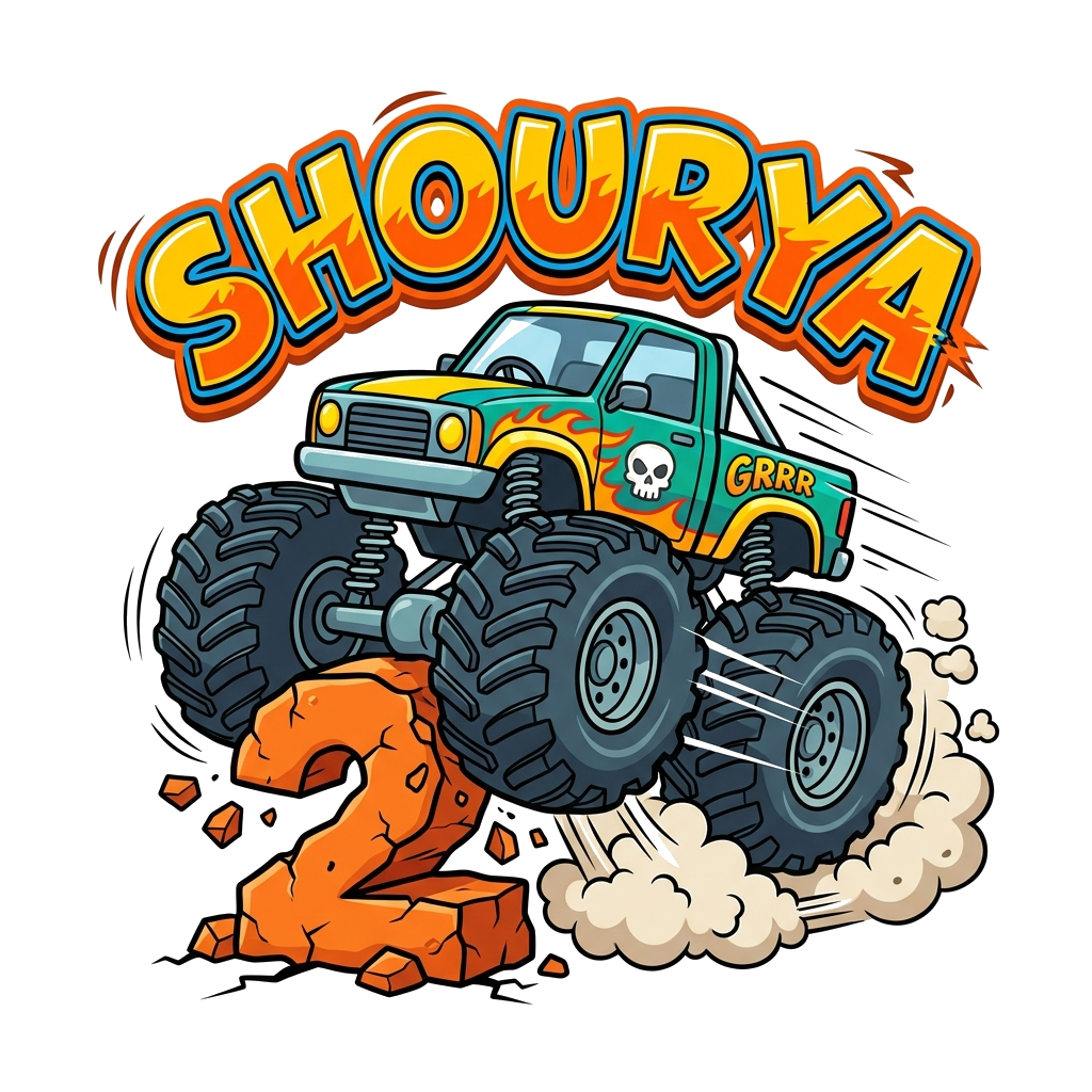 Custom design: A bold and cool illustration of a monster truck crushing a '2' shaped obstacle, with 'SHOURYA' written dynamically ab...