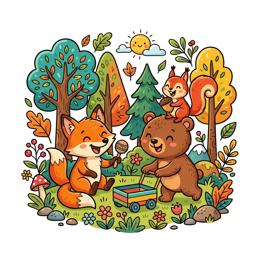 Custom design: A group of adorable cartoon forest animals, like a happy fox, a cheerful bear, and a giggling squirrel, playing toget...