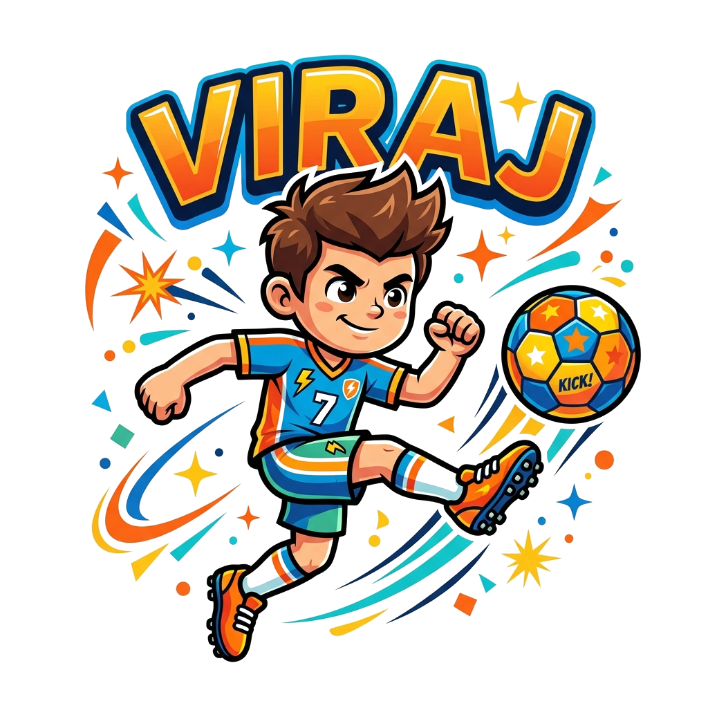 Custom design: A cool cartoon football player character, kicking a brightly colored football, with 'VIRAJ' written dynamically in a ...