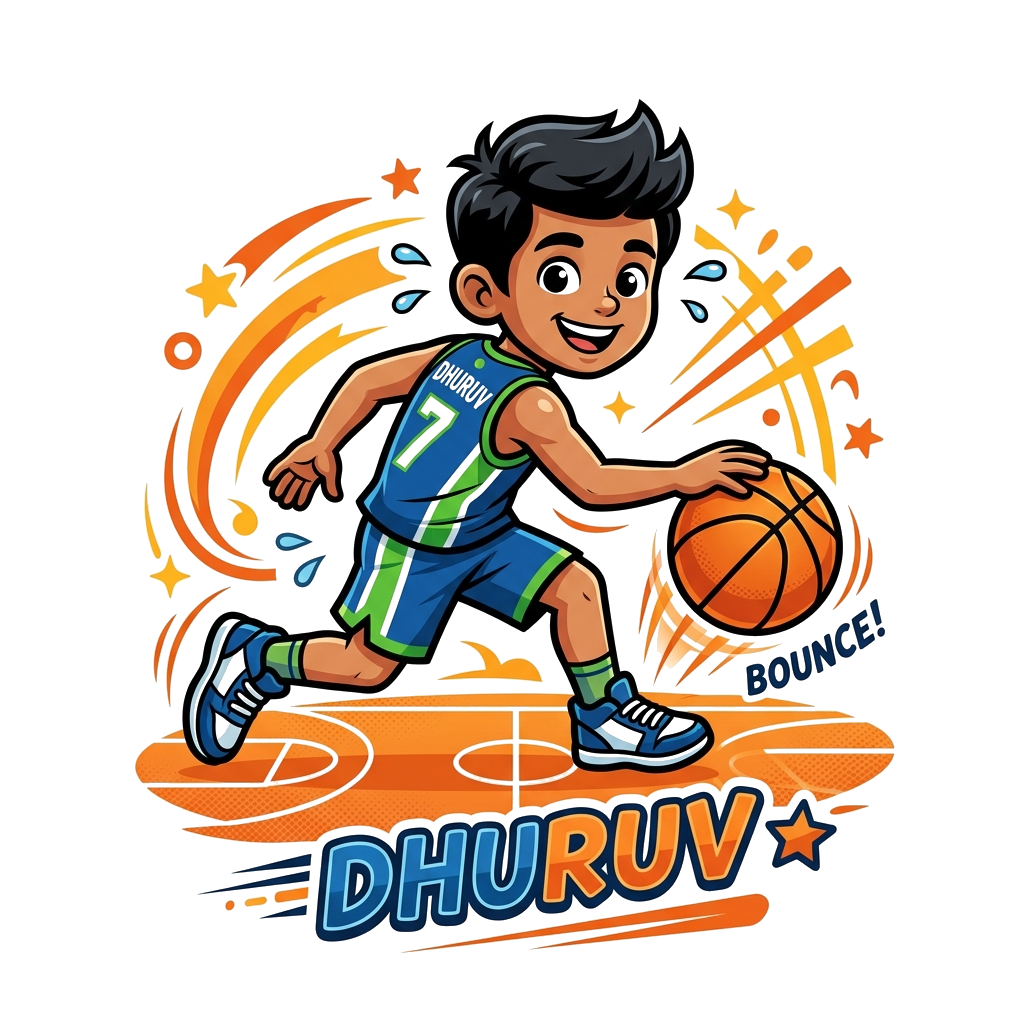 Custom design: A cheerful, athletic cartoon boy named 'Dhuruv' skillfully dribbling a basketball, wearing a vibrant blue and green j...