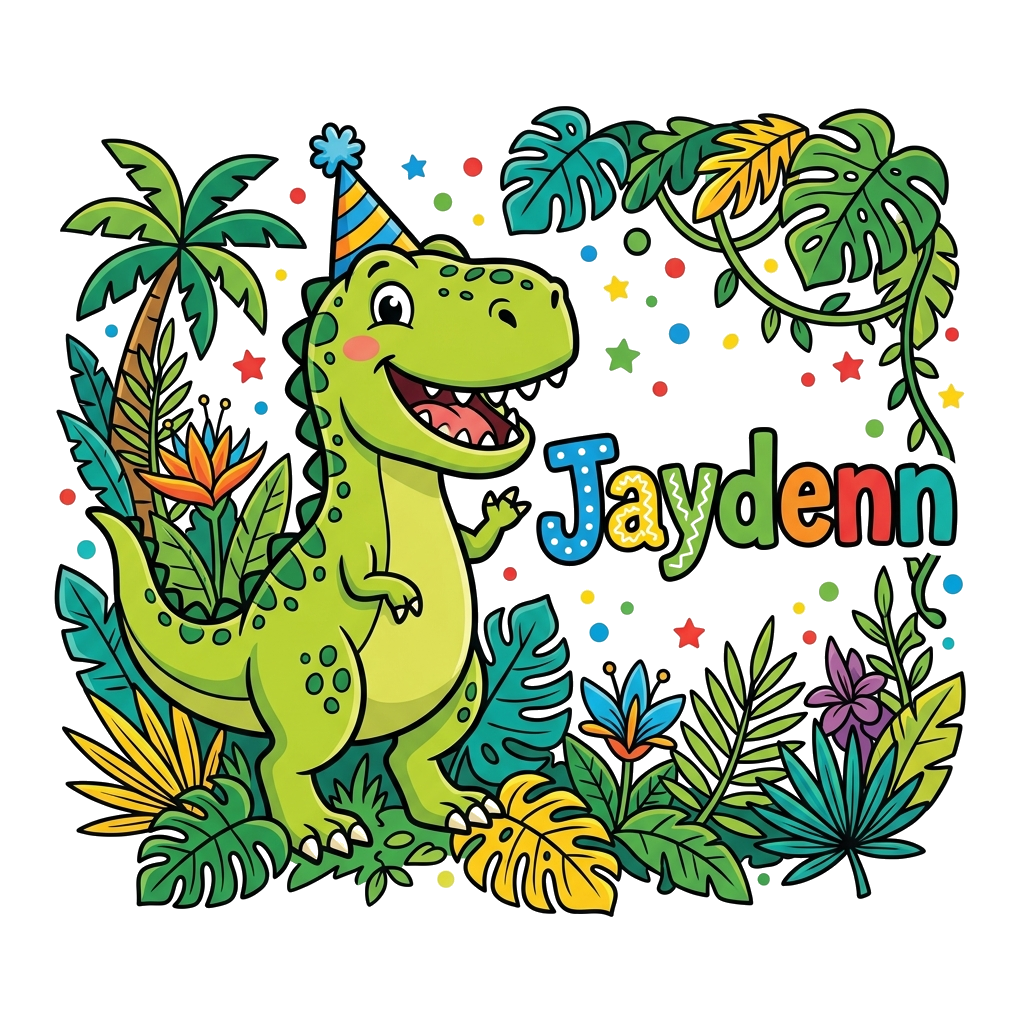 Custom design: A cheerful, slightly stylized T-Rex with a friendly expression, wearing a small birthday party hat, standing in a vib...