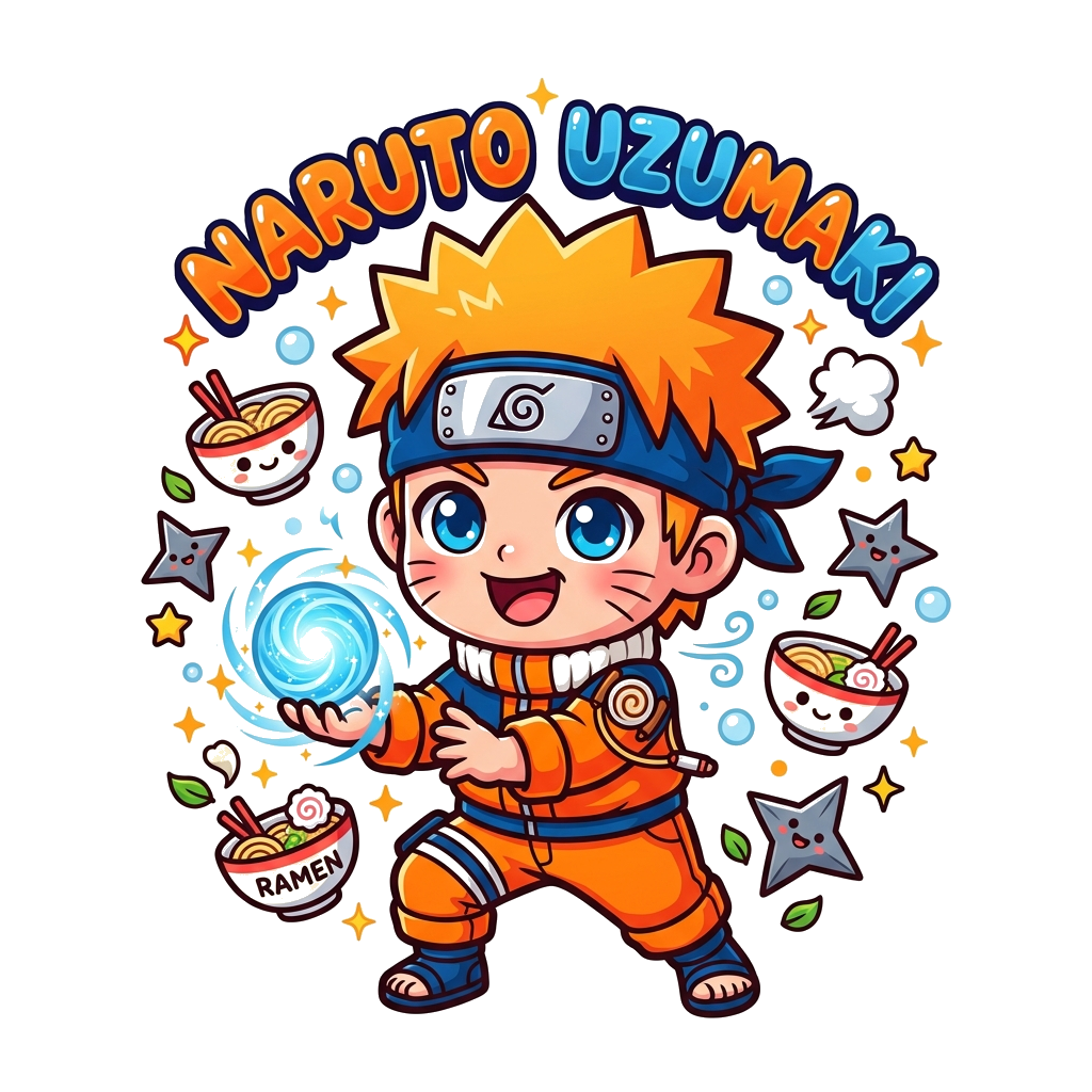 Custom design: A super cute, chibi-style baby Naruto with big, sparkling eyes, a playful grin, doing a tiny 'rasengan' pose, surroun...