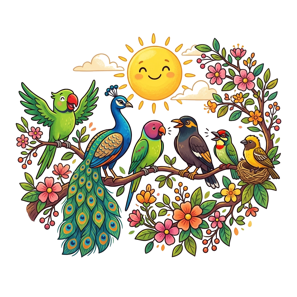 Custom design: A whimsical illustration of various colorful Indian birds (like peacocks, parrots, mynahs) sitting on a flowering tre...