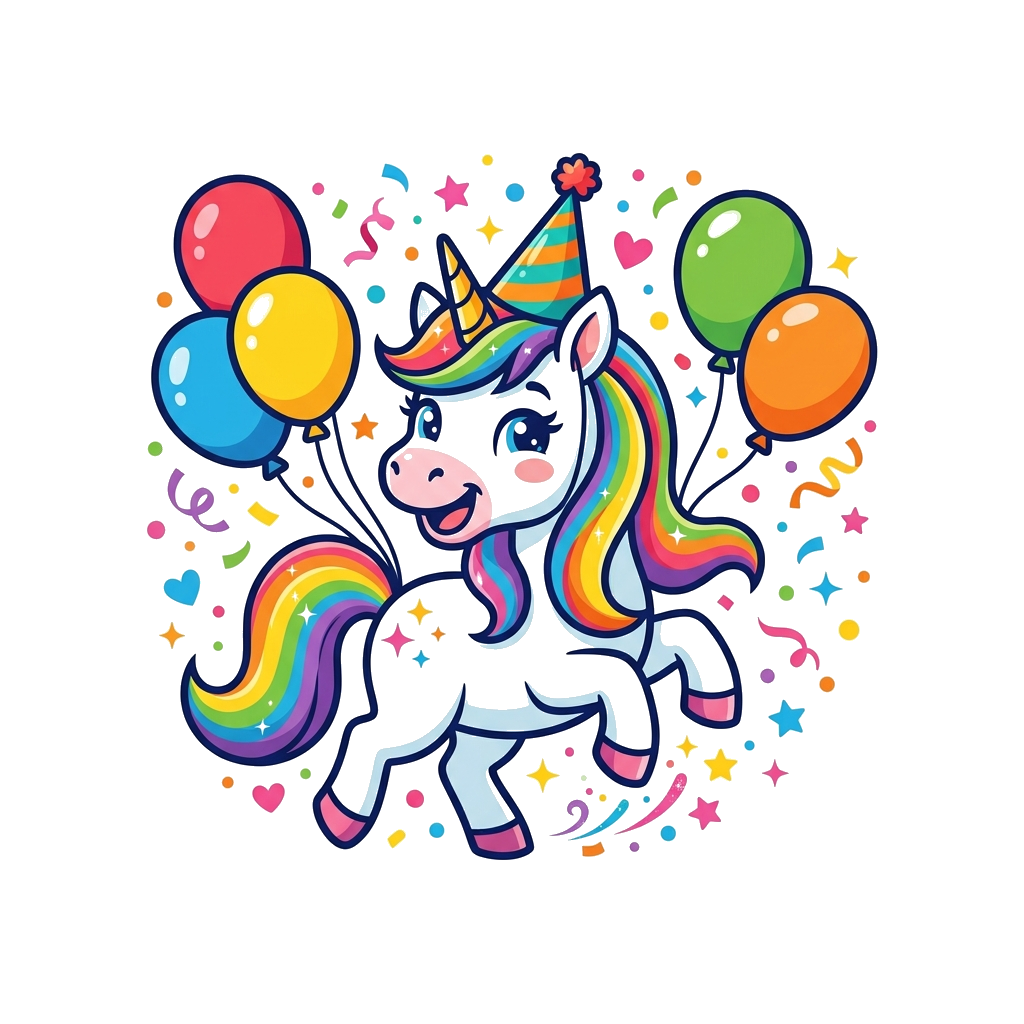Custom design: A cheerful, cute cartoon unicorn with a rainbow mane and tail, wearing a tiny party hat, surrounded by colorful ballo...