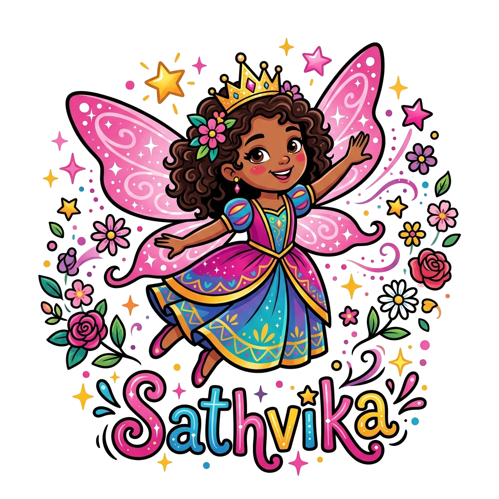 Custom design: A bold and playful cartoon illustration of a diverse princess flying with magical pink wings, surrounded by sparkling...