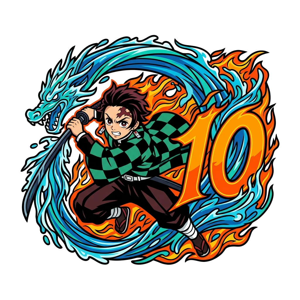 Custom design: A dynamic anime style illustration of Tanjiro Kamado in a powerful Water Breathing stance, with a prominent, stylized...