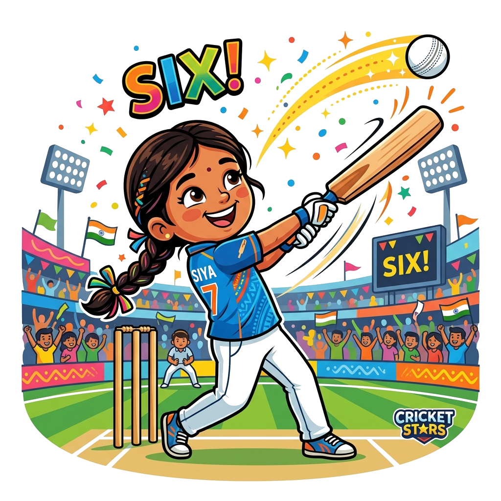 Custom design: A vibrant cartoon illustration of a cheerful girl named Siya playing cricket, hitting a six, with a colorful stadium ...