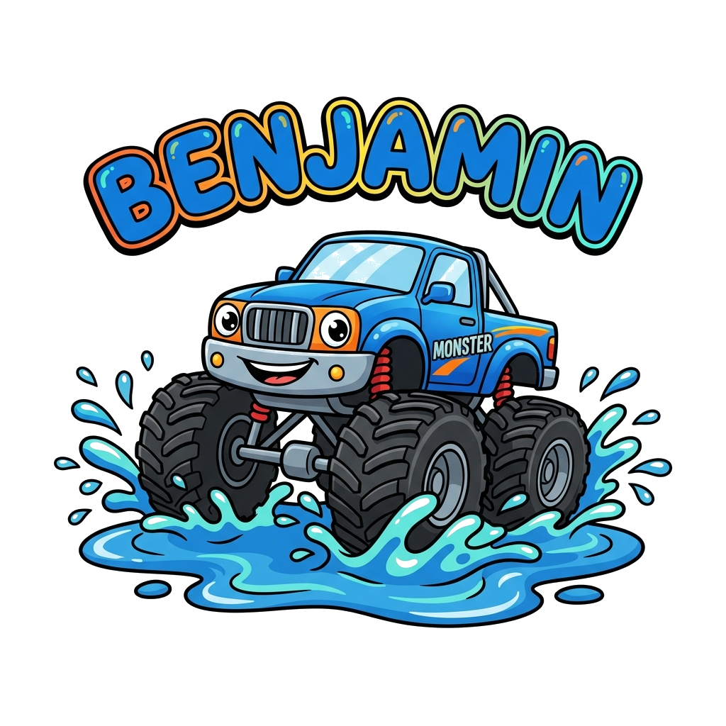 Custom design: A cute cartoon blue monster truck with big friendly eyes, playfully splashing through a puddle, with 'Benjamin' writt...
