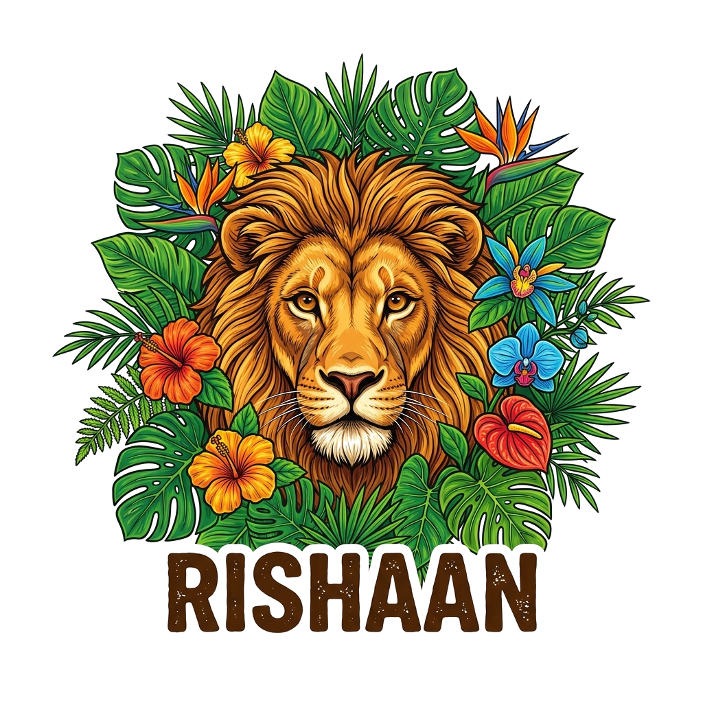 Custom design: A majestic, realistic lion's face with intricate fur details, peeking out from lush, vibrant green jungle leaves and ...