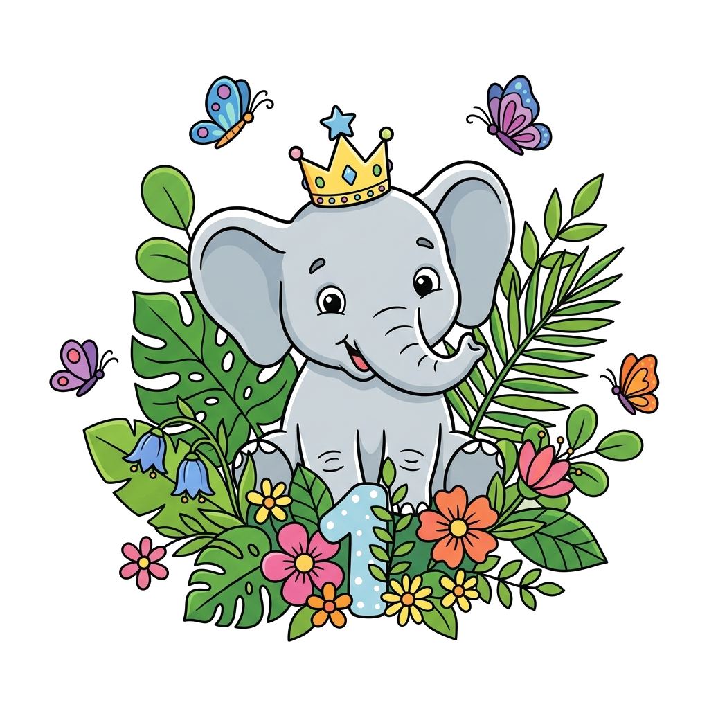 Custom design: A whimsical illustration of a baby elephant wearing a small birthday crown, surrounded by lush green leaves, colorful...