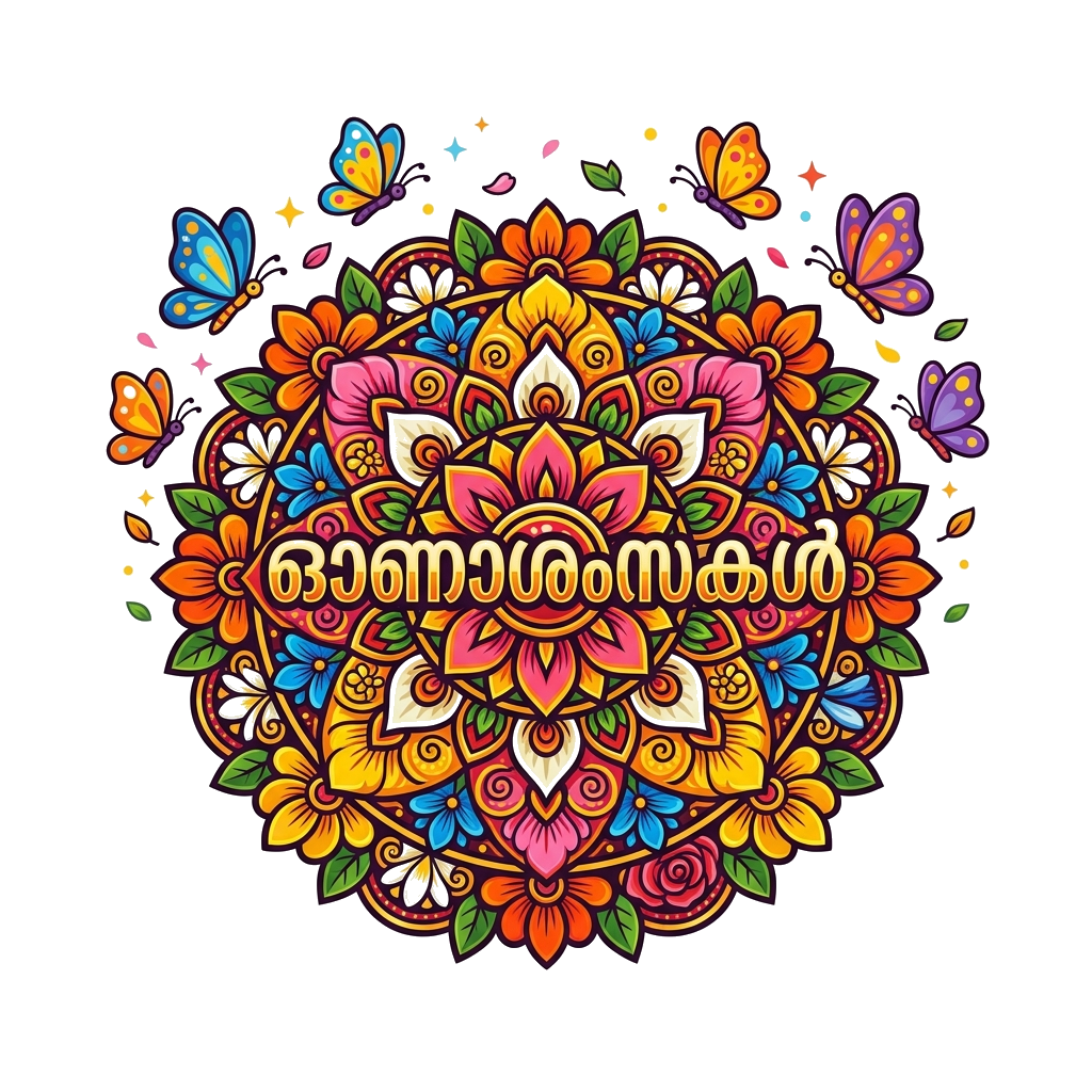 Custom design: A vibrant, intricate Pookalam (flower carpet) design with traditional Kerala flowers, featuring several stylized, col...