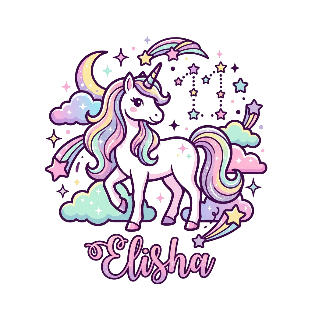 Custom design: A majestic unicorn with a flowing mane and tail, standing gracefully amidst a celestial backdrop of soft pastel cloud...
