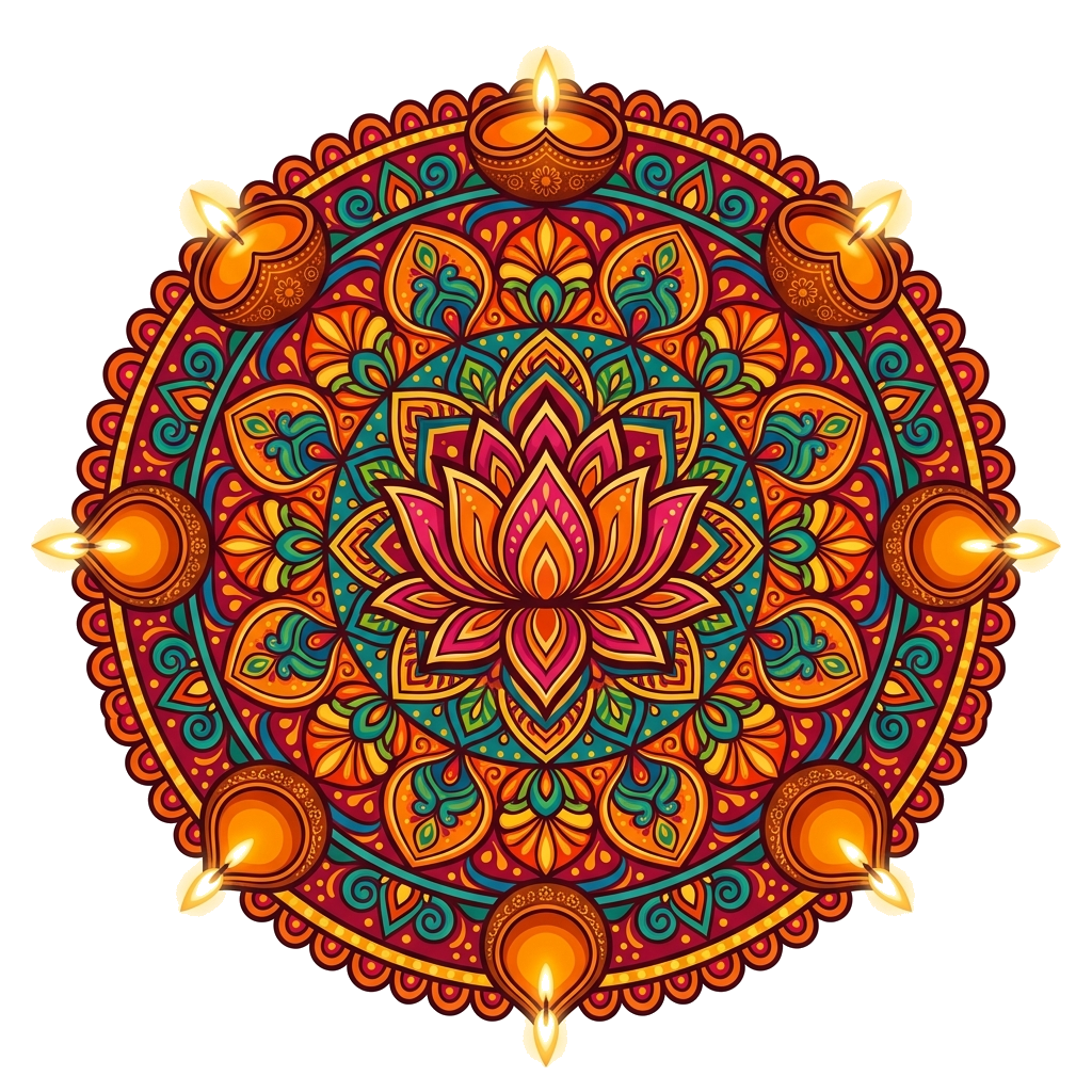Custom design: A vibrant, intricate rangoli pattern forming a circle, with several glowing traditional clay diyas placed around its ...