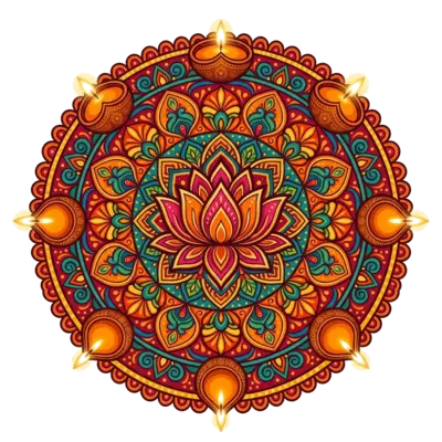 A vibrant, intricate rangoli pattern forming a circle, with several glowing traditional clay diyas placed around its perimeter. In the center, a beautiful stylized lotus flower blooms, symbolizing family unity and celebration, in a rich, warm color palette. Child-friendly, festive illustration, traditional Indian art style.