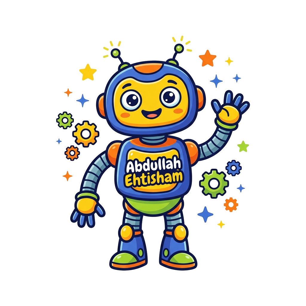 Custom design: A cute, friendly cartoon robot with big, expressive eyes and a cheerful smile, waving its hand, surrounded by tiny ge...