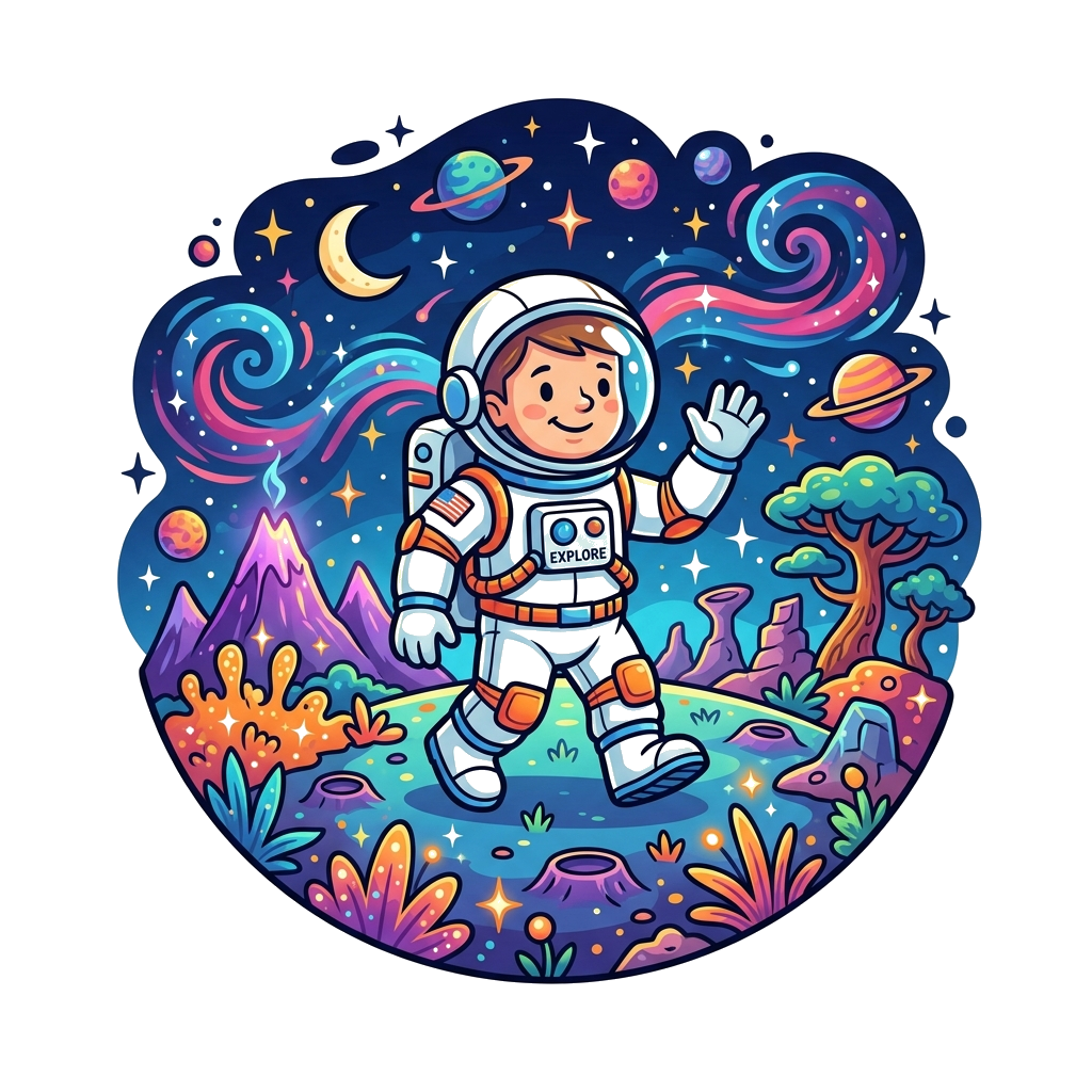 Custom design: A realistic yet fun illustration of a friendly astronaut exploring a colorful alien planet, surrounded by sparkling s...