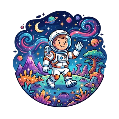 A realistic yet fun illustration of a friendly astronaut exploring a colorful alien planet, surrounded by sparkling stars and whimsical nebulae, in a vibrant and detailed style.