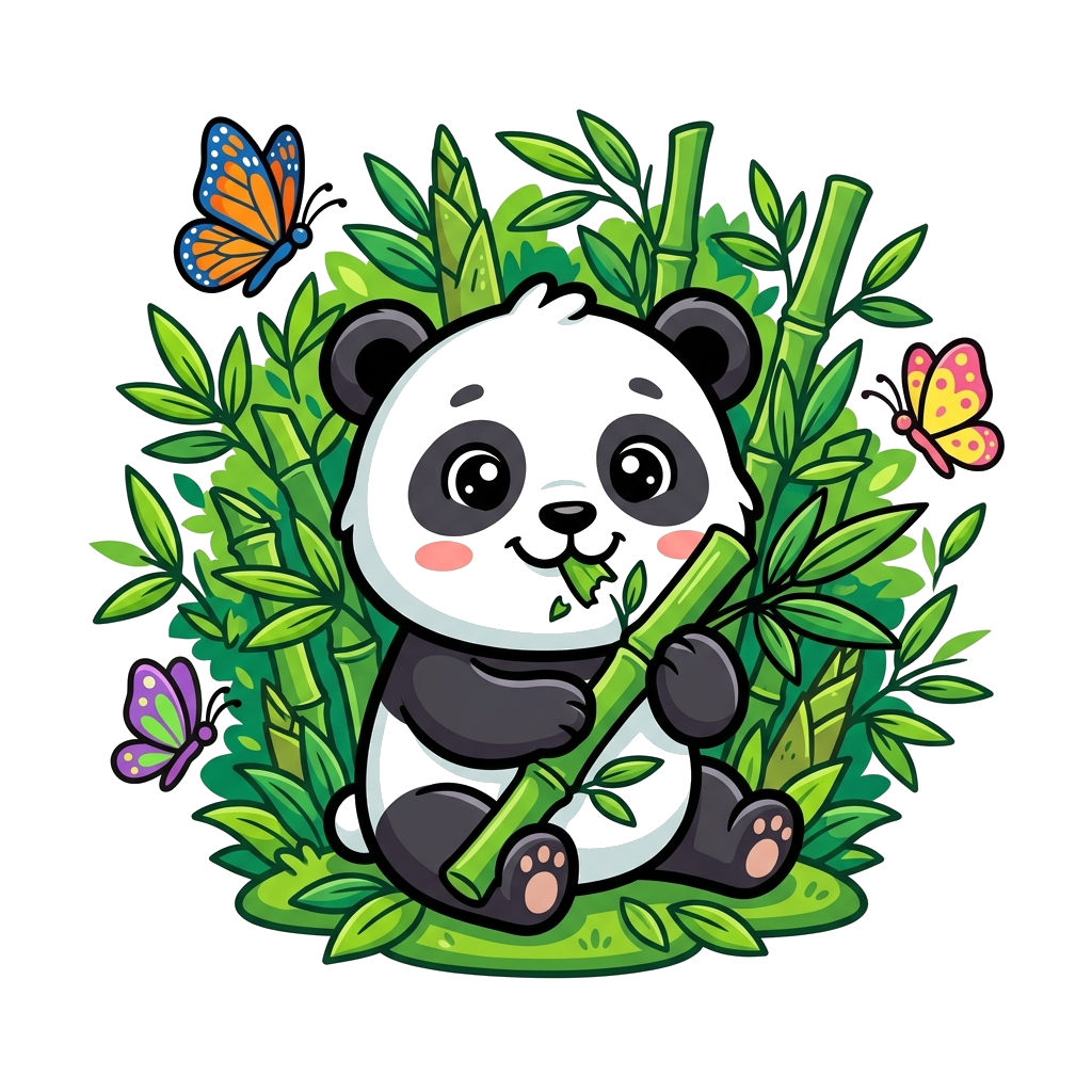 Custom design: A super cute cartoon baby panda happily munching on bamboo, surrounded by lush green leaves and a few colorful butter...