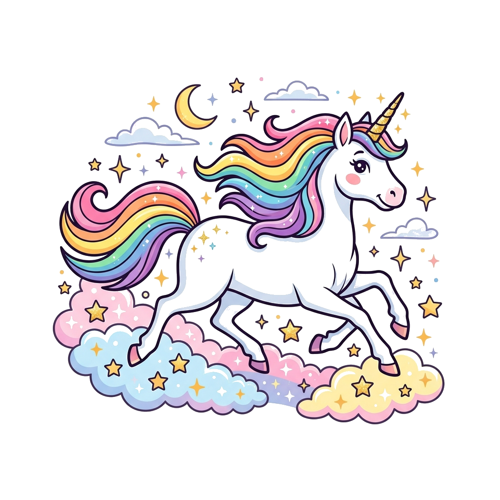 Custom design: A majestic cartoon unicorn with a flowing rainbow mane and tail, galloping through a sky filled with sparkling stars ...