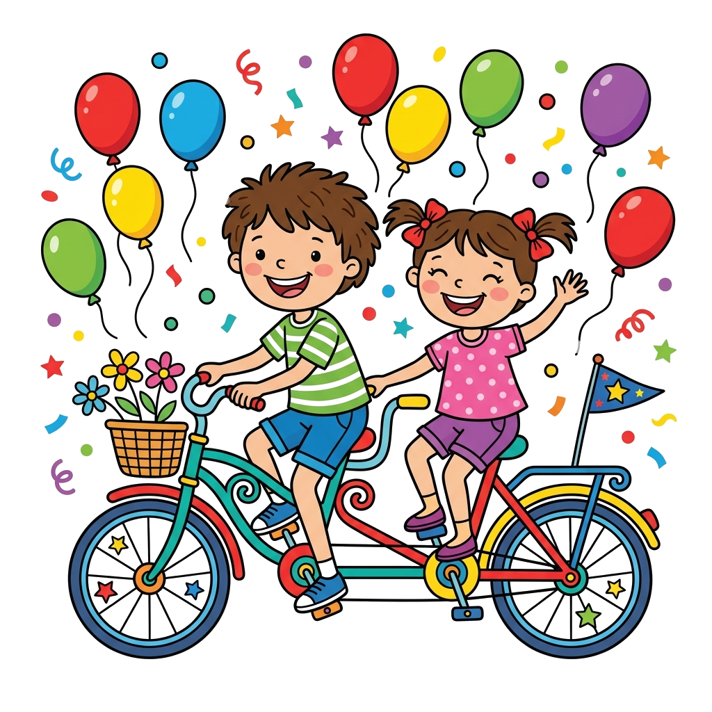 Custom design: A cheerful cartoon boy and a smiling cartoon girl riding tandem on a whimsical bicycle, surrounded by floating balloo...