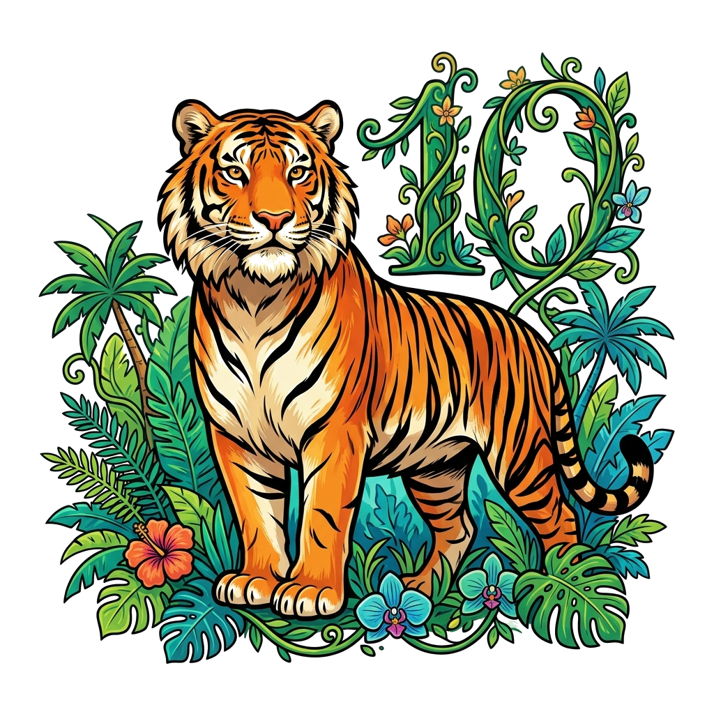 Custom design: A majestic, realistic Bengal tiger illustration, looking regal and powerful, with a subtle '10' elegantly integrated ...