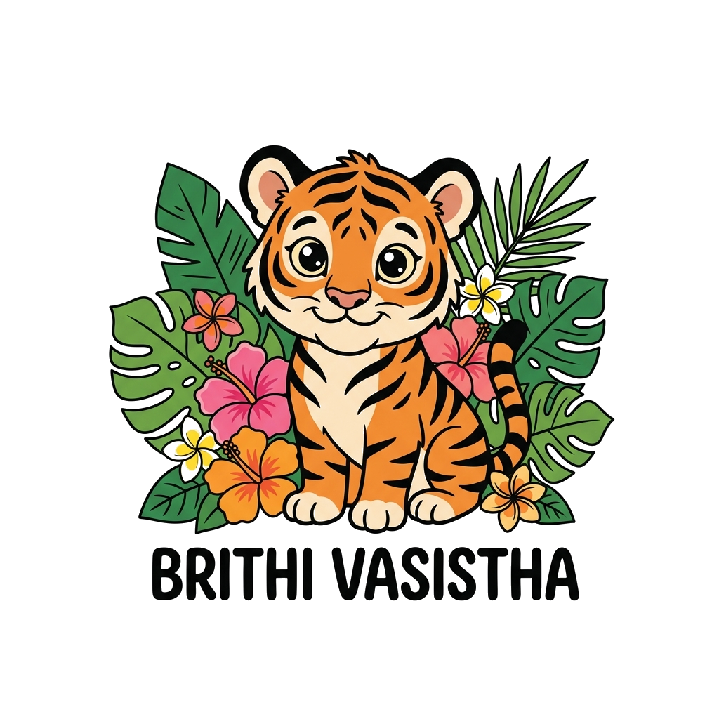 Custom design: A majestic yet gentle tiger cub with big, curious eyes, sitting among lush green leaves and tropical flowers, in a re...
