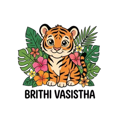 A majestic yet gentle tiger cub with big, curious eyes, sitting among lush green leaves and tropical flowers, in a realistic illustration style with soft, warm colors. Text 'Brithi Vasistha' subtly integrated below.