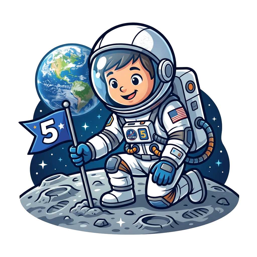 Custom design: A detailed illustration of a young, brave astronaut in a space suit planting a small flag with the number '5' on the ...