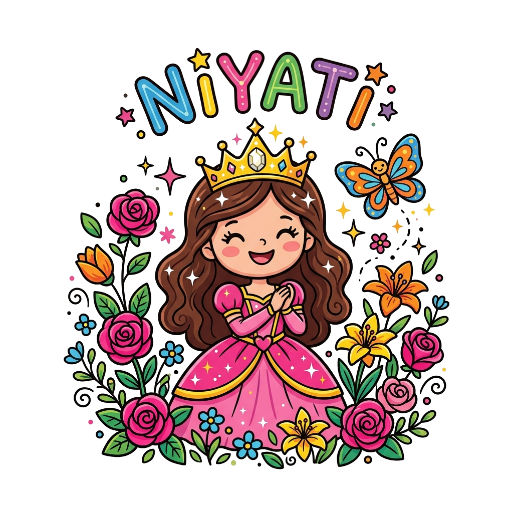 Custom design: A cute cartoon princess with a sparkling crown and a happy smile, surrounded by vibrant, stylized flowers like lilies...