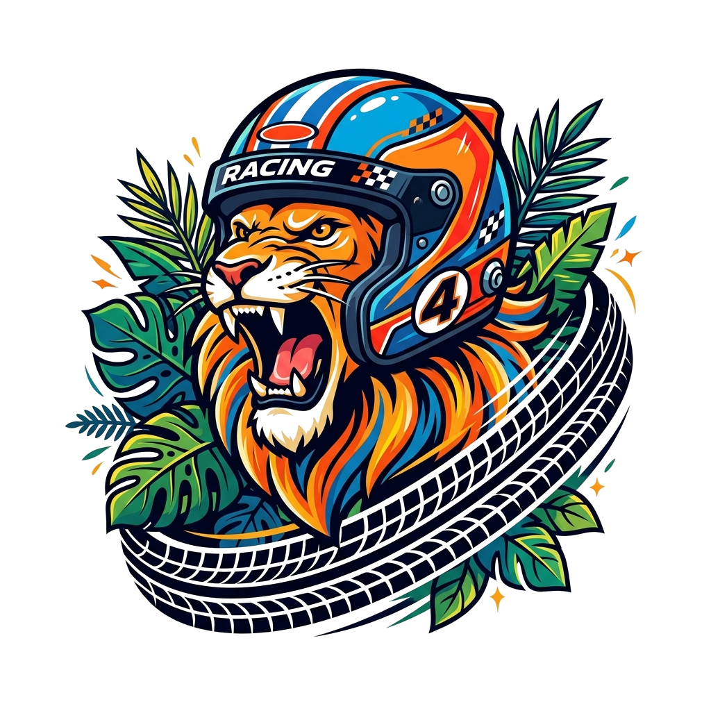 Custom design: A bold and cool illustration of a roaring lion wearing a racing helmet, with the number 4 incorporated subtly into th...