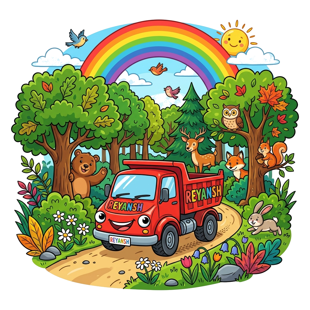Custom design: A vibrant, playful cartoon illustration featuring a happy little truck driving through a lush, colorful forest with f...