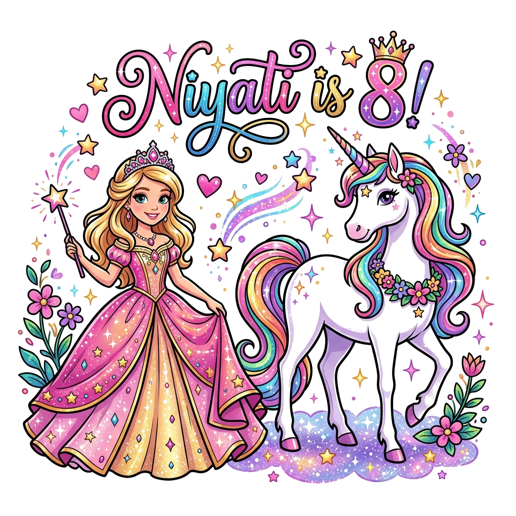 Custom design: A majestic unicorn with a shimmering, rainbow-colored mane and tail, standing gracefully beside a beautiful princess ...