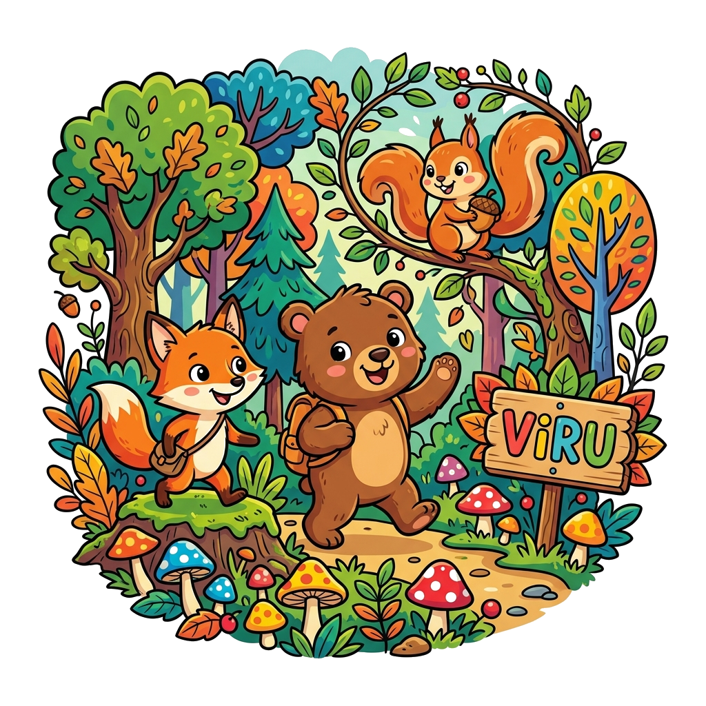 Custom design: A whimsical cartoon illustration of a happy little fox, a cheerful bear cub, and a playful squirrel exploring a vibra...