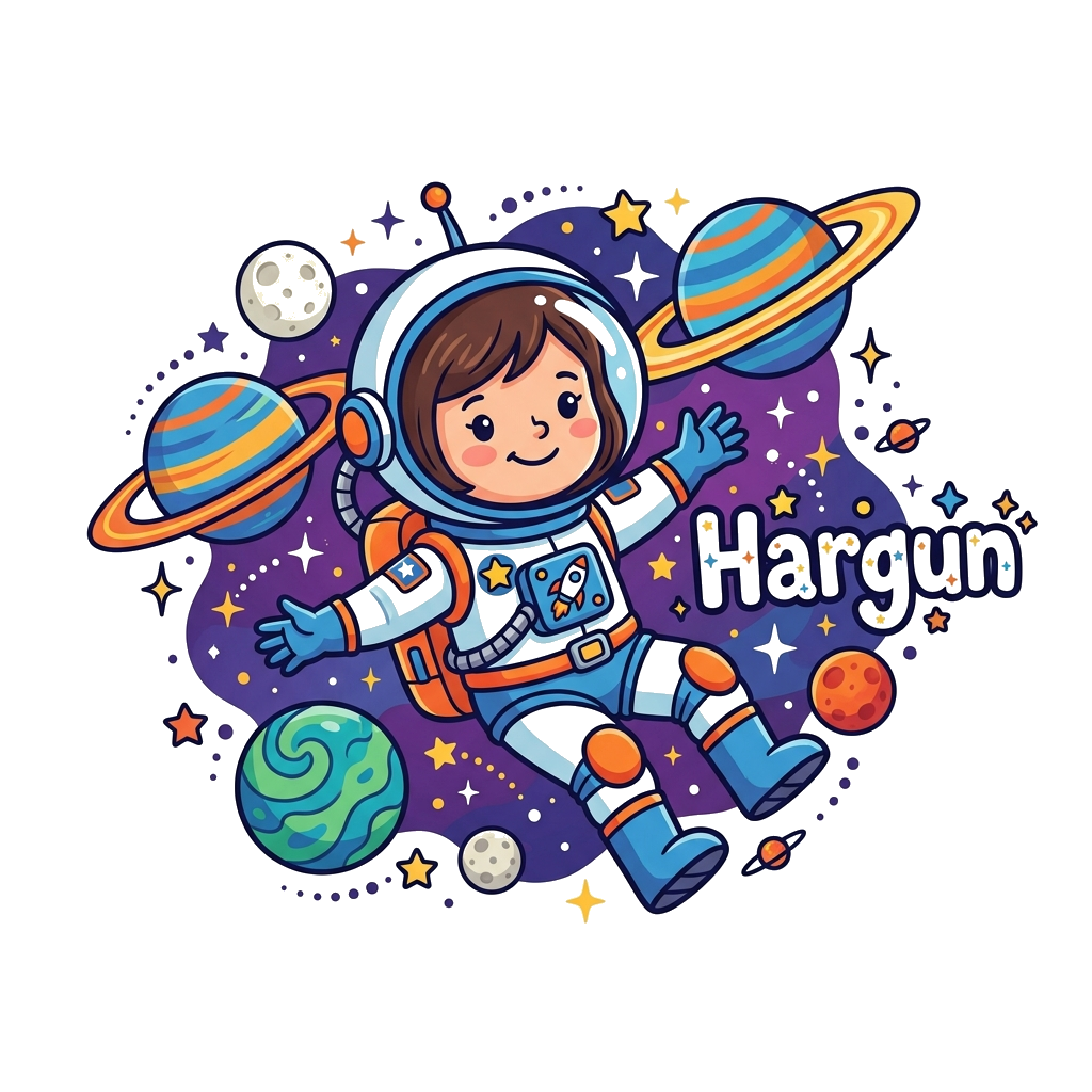 Custom design: A cute cartoon girl astronaut character, with a friendly smile, floating among colorful planets and twinkling stars i...