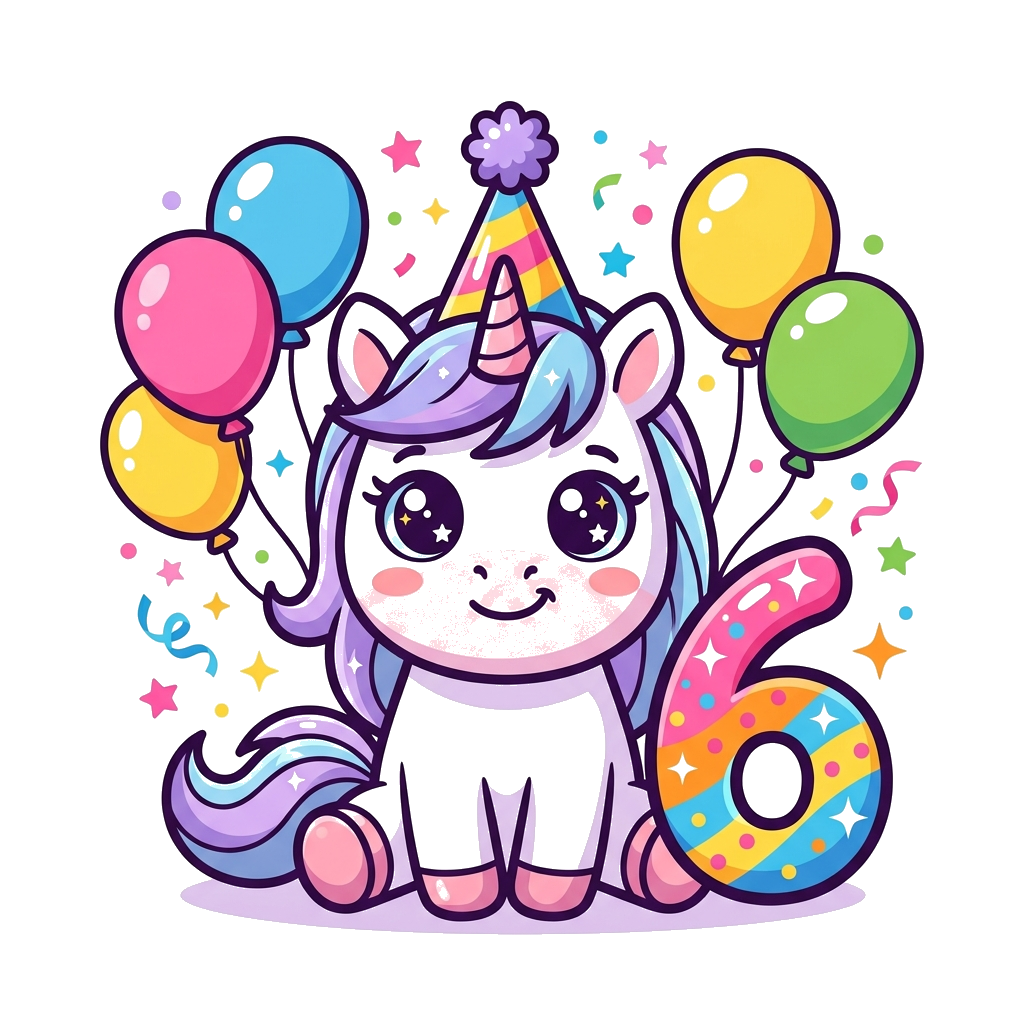 Custom design: A super cute cartoon baby unicorn with big sparkly eyes, wearing a tiny birthday hat, surrounded by colorful balloons...