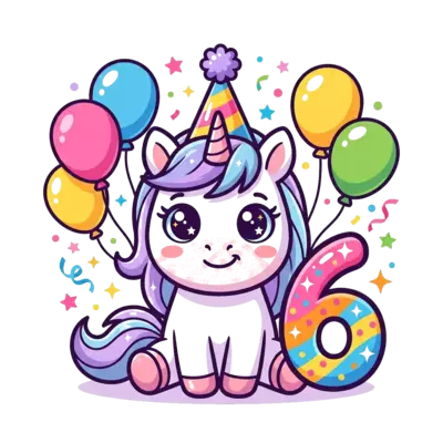 A super cute cartoon baby unicorn with big sparkly eyes, wearing a tiny birthday hat, surrounded by colorful balloons and confetti, with the number 6 prominently displayed, in a cheerful, vibrant style.